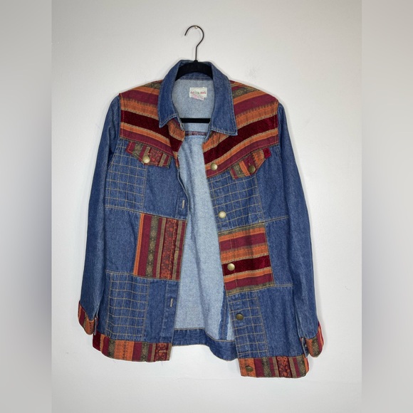 Vintage 90s Tibetan Woven Patchwork Panels Denim Long Line Hippie Jacket Sz S - Picture 2 of 8